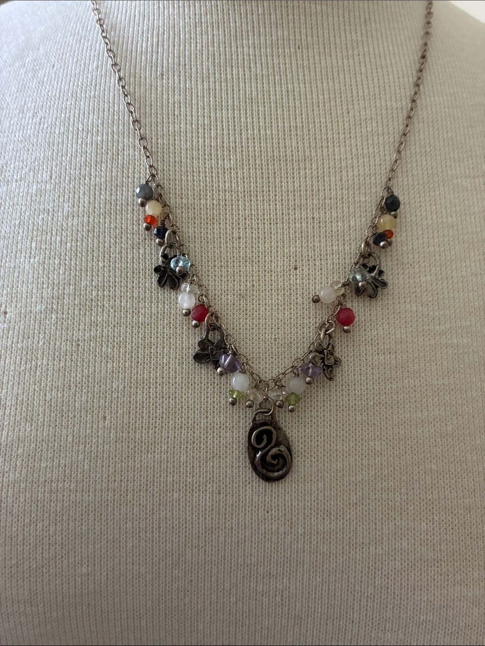 Silver-Tone Multi Bead Floral Charm Necklace in Mixed Colors
